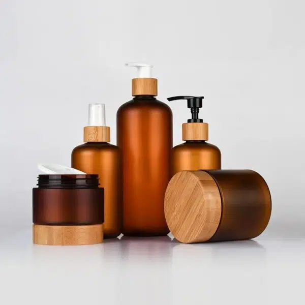 Half Wrapped Bamboo Cover Cream Jar, Brown Frosted Lotion Bottle With Bamboo Lotion Pump